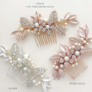 Wedding Hair Comb Crystal and Pearl, Bridal Hair Accessory flower and leaf, Boho Classic Vintage Hair Accessory - 'MELODY'