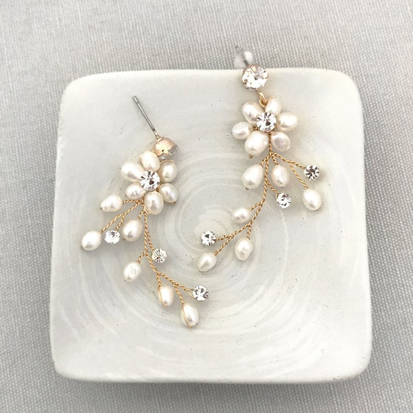 Bride or Bridesmaid Boho Wedding Vine Earrings in Silver, Gold or Rose Gold, Bridal Flower Pearl Vine Earrings - "POPPY"