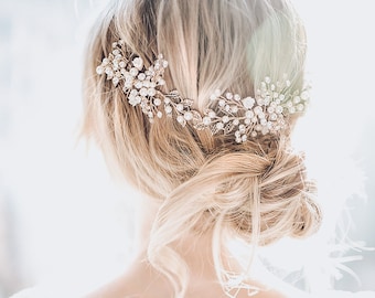 Boho Wedding Hair Accessory, Bridal hair vine halo in antique gold, silver, rose gold with pearls and leaves - “Zinnia"