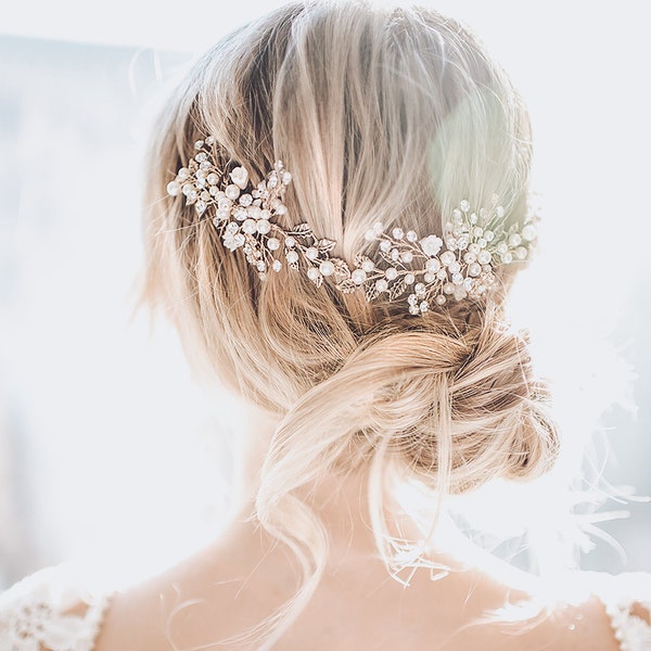 Boho Wedding Hair Accessory, Bridal hair vine halo in antique gold, silver, rose gold with pearls and leaves - “Zinnia"