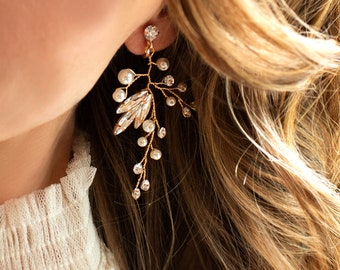 Wedding Vine Earrings, Bridal Earrings with crystals pearls, Wedding Earrings, Gold Silver Rose Gold, Boho Pixie Woodland Earrings - "LILLI"