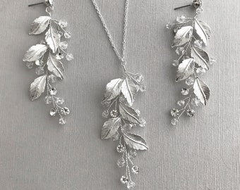 Boho Bridesmaids Bridal Earring Necklace Set in Silver, Gold, Rose Gold, Champagne, Bronze, Bridal Pixie Leaf Woodland Set - "NAIDA"