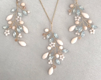 Wedding Vine Earring Necklace Set, Bridal Vine Earrings with Blush Pink Peach Opal beads crystals, Boho Woodland Set - "ROSALIA"