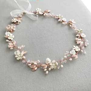 Boho Wedding Hair Halo, Long, Rose Gold Long Hair Vine Hair Accessory, Bridal Flower Crown, Bridal Sash Belt - 'BELLA'