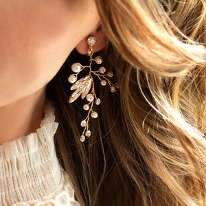 Wedding Vine Earrings, Bridal Earrings with crystals pearls, Wedding Earrings, Gold Silver Rose Gold, Boho Pixie Woodland Earrings LILLI image 1