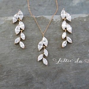 Wedding Earring Necklace Bracelet Set, Bridal Bridesmaids Crystal Chandelier Earrings, Marquise Shaped Leaf Earrings Vintage Style - 'AVITA'