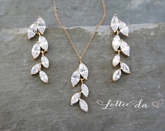 Wedding Earring Necklace Bracelet Set, Bridal Bridesmaids Crystal Chandelier Earrings, Marquise Shaped Leaf Earrings Vintage Style - 'AVITA'