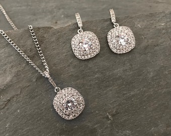 Vintage Style Wedding Earring Necklace Set, Square Cushion Cut Gatsby Bridal Earrings Necklace Set, - "AMALAY"