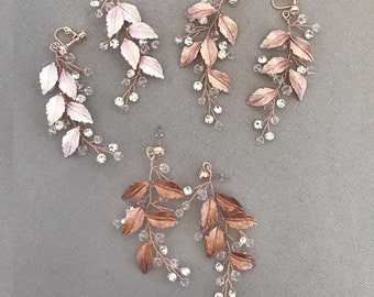 Boho Bridesmaids Bridal Earrings in Silver, Gold, Rose Gold, Champagne, Bronze, Bridal Pixie Leaf Woodland Earrings - "NAIDA"