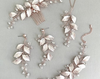 Boho Bridal & Bridesmaid Jewelry Set – Leaf and Crystal Earrings, Necklace, Bracelet and Hair Comb in Silver/Gold/Rose