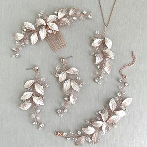 Boho Bridal & Bridesmaid Jewelry Set – Leaf and Crystal Earrings, Necklace, Bracelet and Hair Comb in Silver/Gold/Rose