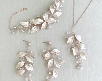 Wedding Leaf Boho Earring Necklace Set, Bridesmaid or Bridal Set in Silver, Gold, Rose Gold, Champagne, Bronze  - "NAIDA"