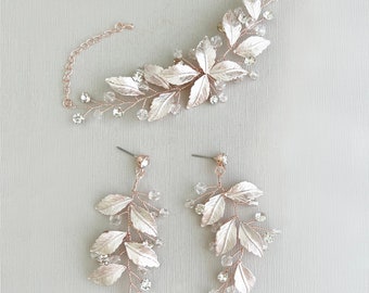 Wedding Bridal Bridesmaid Bracelet Earrings Set, Boho Leaf Set in Silver, Gold, Rose Gold, Champagne, Bronze  - "NAIDA"