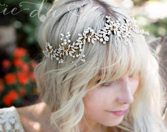 Boho Leaf Bridal Hair Vine Wreath Headband, Wedding Pearl Hair Vine Crown, Boho Wedding Headpiece, Gold or Silver Hair Vine- 'LYRA'