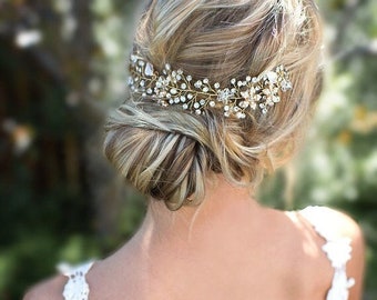 Wedding Headpiece with pearl flowers and leaves: Boho Wedding Hair Vine - 'Violetta'