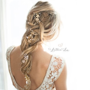 Long boho beach wedding beaded flower wire hair vine bridal accessory, Violetta Long image 1