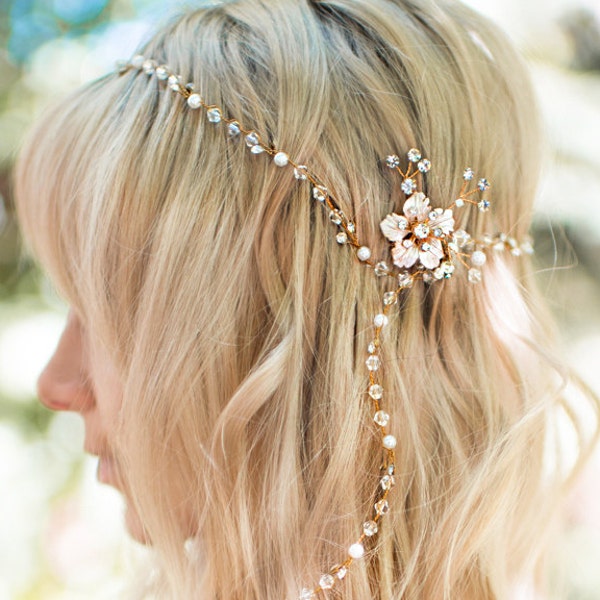 30% OFF Gold Boho Hair Vine, Long Hair Vine, Bridal Pearl Flower Hair Crown, Hair Wreath, Wedding Pearl Hair Vine, Boho Wedding Headpiece...