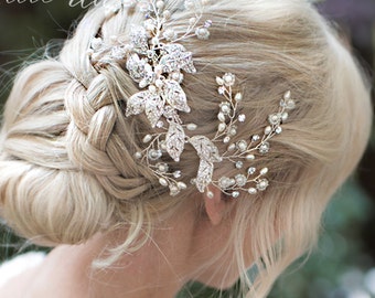 Large Bridal Hair Comb with beading, Wedding Hair Accessory, Boho Beaded Leaf Flower Hair Comb "Emmaline"