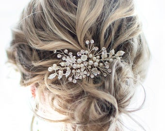 Wedding Hair Accessory Boho Bridal Hair Comb crystal pearl with leaves and flowers - 'Zara'