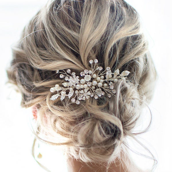 Accesorio para el pelo de boda, peineta de novia bohemia con perlas de cristal, hojas y flores - 'Zara'