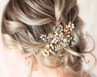 Gold Wedding Hair Accessories, Bridal Pearl Flower Hair Comb, Wedding Hair Vine Wedding Pearl Hair Comb, Boho Wedding Headpiece - 'ZARA'