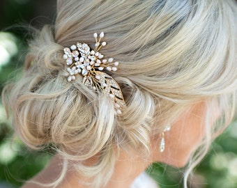 Gold Pearl Bridal Wedding Comb, Boho Wedding Gold Hair Vine, Wedding Gold Hair vine leaves, Wire Hair Comb, Boho Headpiece - 'CALLIE'