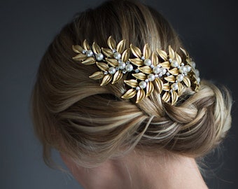 Wedding Hair Accessory, Gold Boho Leaf Hair Vine, Laurel Leaves Bridal, Bohemian Grecian Wedding Headpiece - 'ODESSA'