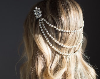 Pearl bridal hair chain, Vintage Style Bridal Hair Wrap, Wedding Pearl Draped Hair Comb, Pearl Hair Accessory, Vintage Halo  - 'ANA'