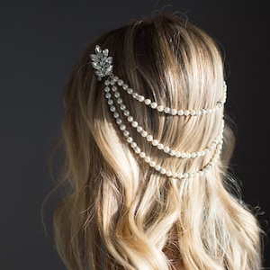 Pearl bridal hair chain, Vintage Style Bridal Hair Wrap, Wedding Pearl Draped Hair Comb, Pearl Hair Accessory, Vintage Halo  - 'ANA'