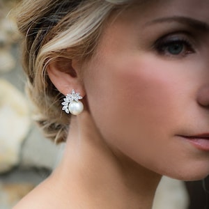Pearl Wedding Earrings, Vintage Style Pearl Stud Bridal Earrings, Flower 1950s Deco Pearl Earrings - 'ADENA''