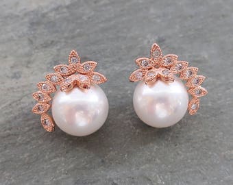 Rose Gold Vintage Style Pearl Wedding Earrings,Bridal Earrings, 1950s Wedding Stud Earrings, Gatsby, Silver, Rose Gold, Gold - 'ADENA''