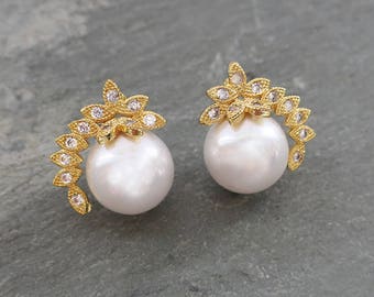 Gold Vintage Style Pearl Wedding Earrings, Pearl Bridal Earrings, 1950s Wedding Stud Earrings, Gatsby, Silver, Rose Gold, Gold - 'ADENA''