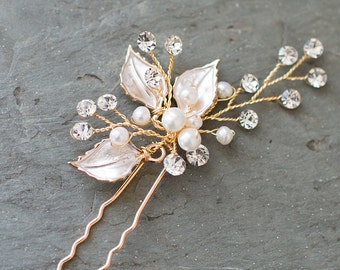 Bridal Hair Pin, Wedding Pearl Crystal Floral Hair Pin with leaves, Boho Hair Accessory in Gold, Silver or Rose Gold - 'POSY'