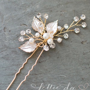 Bridal Hair Pin, Wedding Pearl Crystal Floral Hair Pin with leaves, Boho Hair Accessory in Gold, Silver or Rose Gold - 'POSY'