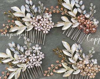 Mixed Metal Boho Bridal Comb with flowers and leaves, opal marquise crystals, peach blush crystals, "Birch"