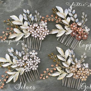 Mixed Metal Boho Bridal Comb with flowers and leaves, opal marquise crystals, peach blush crystals, "Birch"