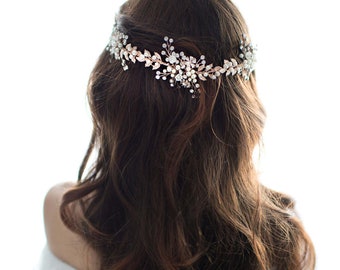 Rose Gold Hair Vine Half Halo, Bridal Wire Hair Vine, Rose Gold, Silver Wedding Hair Vine, Boho Wedding Headpiece - 'ZINNIA'