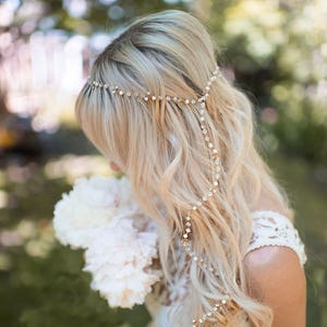 Gold or Silver Boho Hair Vine, Long Hair Vine, Boho Bridal Pearl Flower Hair Crown, Hair Wreath,  Wedding Headpiece - 'MAY'