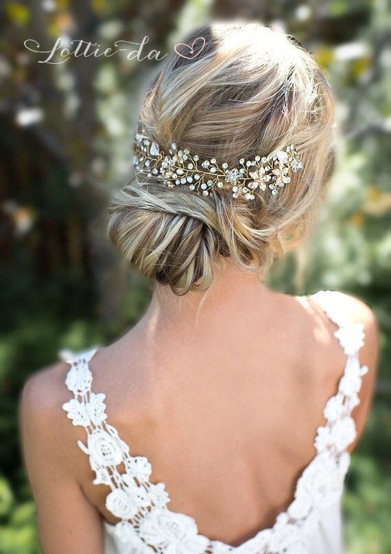 Pearl Crystal Flower Hair Vine Wedding Hair Piece for Brides Crown Headpiece Floral Pearl Wedding Crown: Crystal Leaf Bridal Headpiece  main image 4