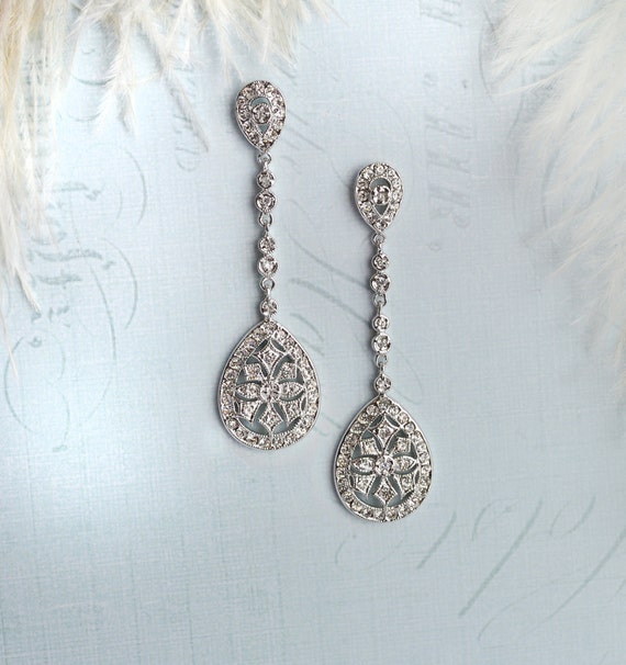 Vintage Style 1920s Deco Wedding earrings, Vintage Gold or Silver Earrings, Crystal earrings, Chandelier 1920s earrings - 'DECO DROP LONG'