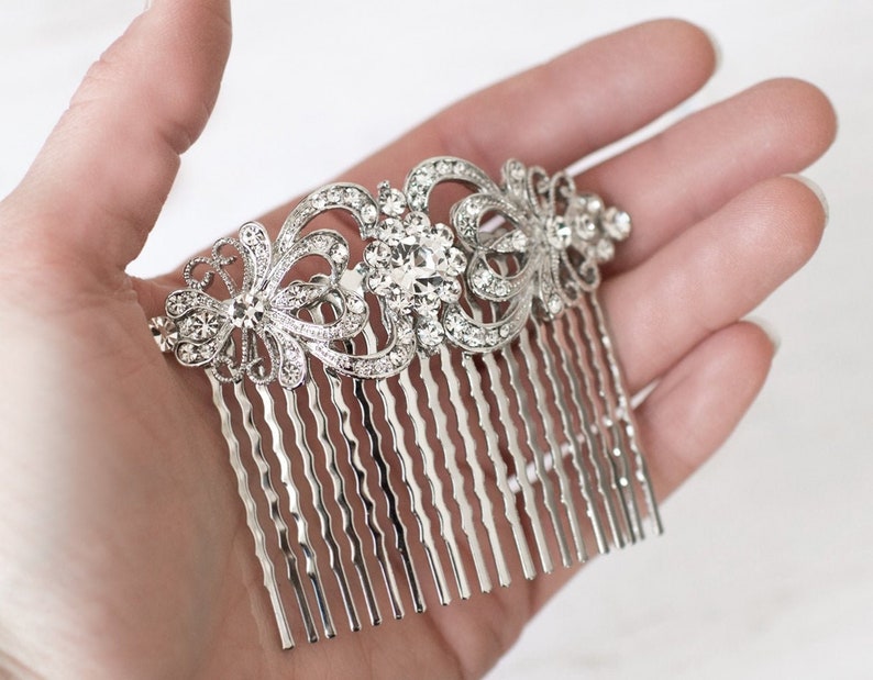 Silver Wedding Hair Comb. Vintage Style for Classic Bride, Ornate Decorative Bridal Headpiece with pearls, Veil Comb or Clip 'Juliet' image 1