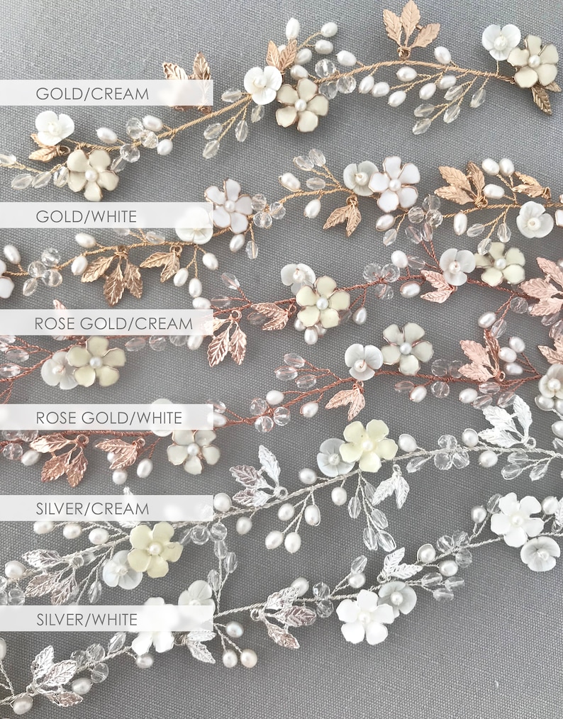 May include: Six delicate floral hair vines with pearl and crystal accents. The vines are available in gold, rose gold, and silver with cream or white flowers.