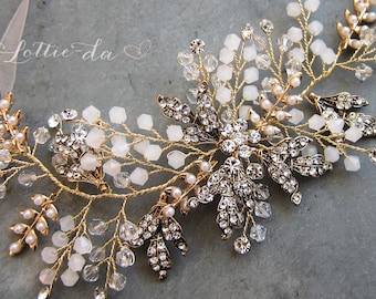 Gold Boho Headpiece, Antique Gold Opal Flower Hair Accessory, Hair Vine Hair Wreath Hair Vine, Wedding Headband - 'ZOYA'