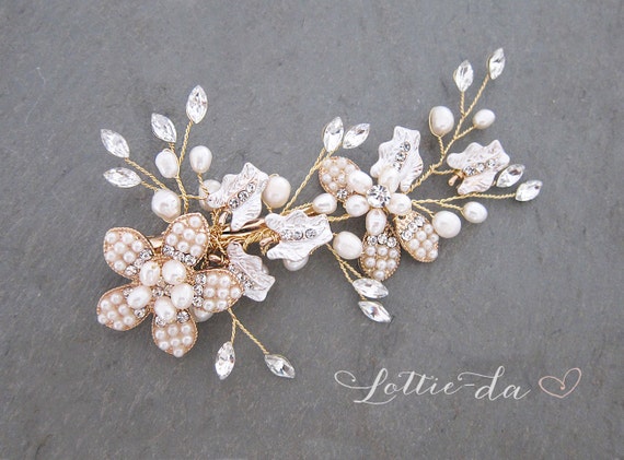 Hair Clip Bridal Up-do Bohemian Wire Vine with Flowers Pearl  and Crystals Gold Confetti Flowers and Pearl Hair Vine on Comb (Gold) main image 4