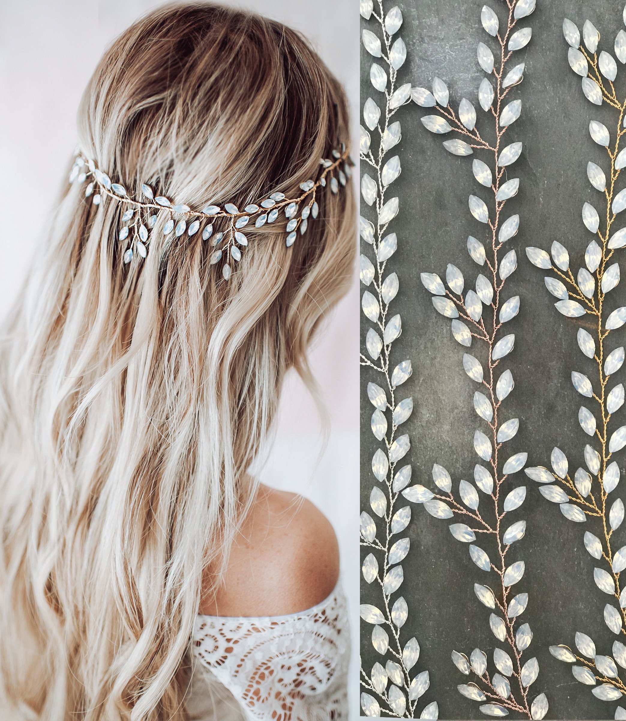 Boho Opal Crystal Wedding Hair Accessory Crown, Headband or Halo