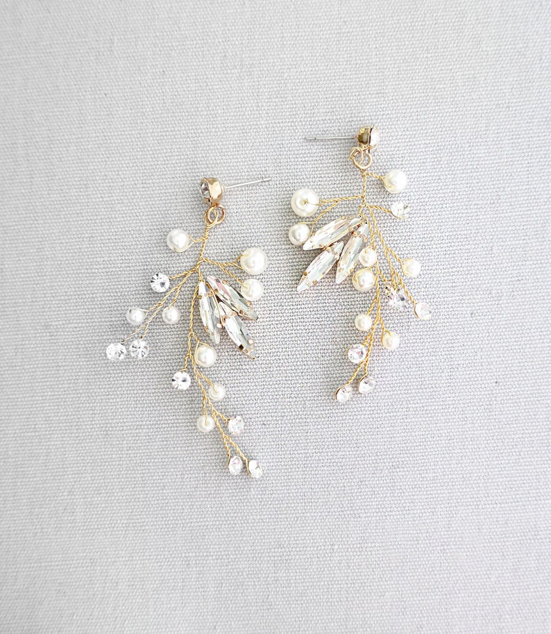 Wedding Vine Earrings, Bridal Earrings with crystals pearls, Wedding Earrings, Gold Silver Rose Gold, Boho Pixie Woodland Earrings LILLI Gold