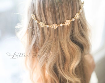 Boho Bridal Gold Hair Chain, Blush Pearl Wedding Hair Wrap, Grecian Headpiece, Draped Hair Comb, Gold Hair Jewelry, Hair Wreath - 'HELENA'