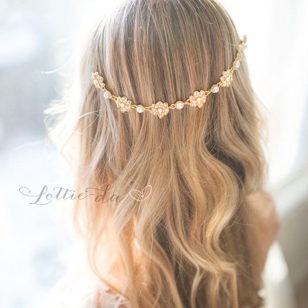 Boho Bridal Gold Hair Chain, Blush Pearl Wedding Hair Wrap, Grecian Headpiece, Draped Hair Comb, Gold Hair Jewelry, Hair Wreath - 'HELENA'