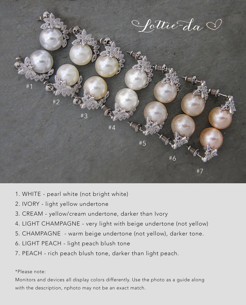 Pearl Wedding Earrings, Silver with White Pearl, Silver with Ivory Pearls, Silver with Cream Pearls, Silver with Champagne pearls, Silver with Peach pearls, Silver with Blush Pearls