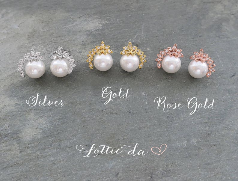 Pearl Wedding Earrings for Brides in Vintage Style, Stud Bridal Earrings, 1950s Large Stud, Classic Deco Stud Earrings 'ADENA'' image 3